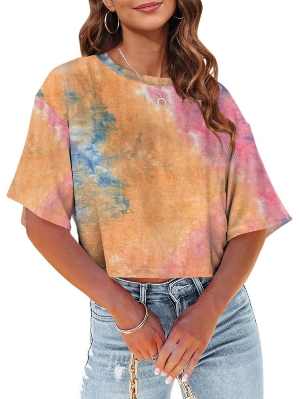 Women's Orange Crew Neck Half Sleeves Loose Fit Casual Pull On Basic Tees Shirts